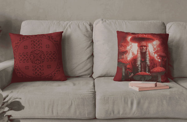 Amanita Shamans Pillow showcasing Amanita muscaria design from Amanita Collection.